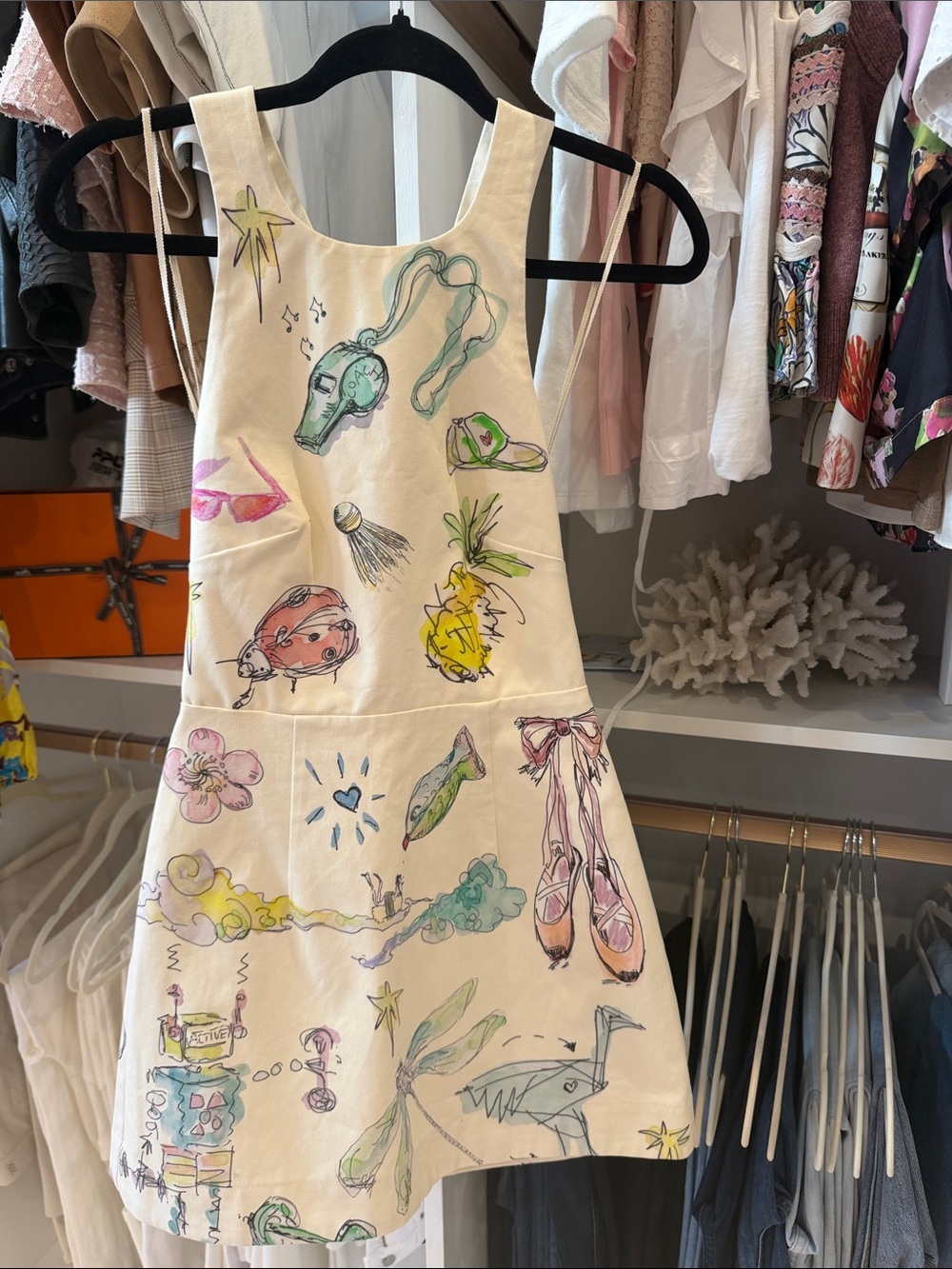 Almeias Printed Cream Cotton Pinafore Dress